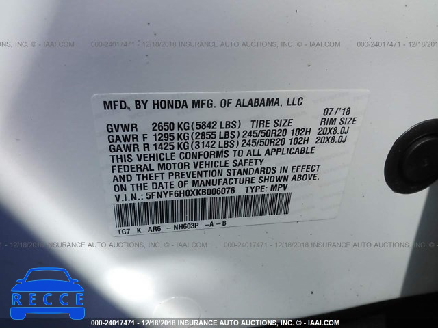 2019 HONDA PILOT ELITE 5FNYF6H0XKB006076 image 8