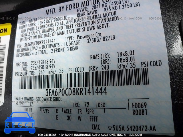 2019 FORD FUSION 3FA6P0CD8KR141444 Bild 8