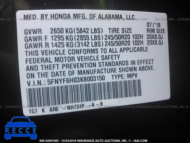 2019 HONDA PILOT ELITE 5FNYF6H03KB003150 image 8