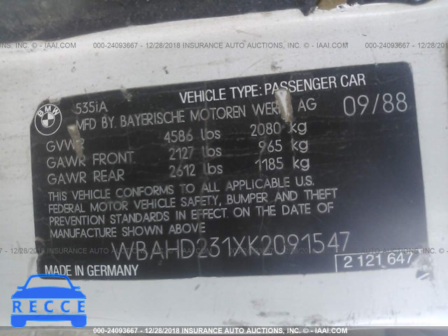 1989 BMW 535 I AUTOMATICATIC WBAHD231XK2091547 зображення 8