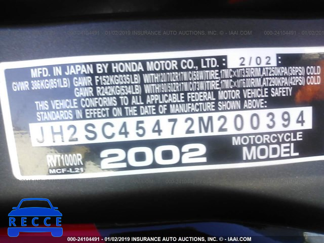 2002 HONDA RVT1000 R JH2SC45472M200394 image 9