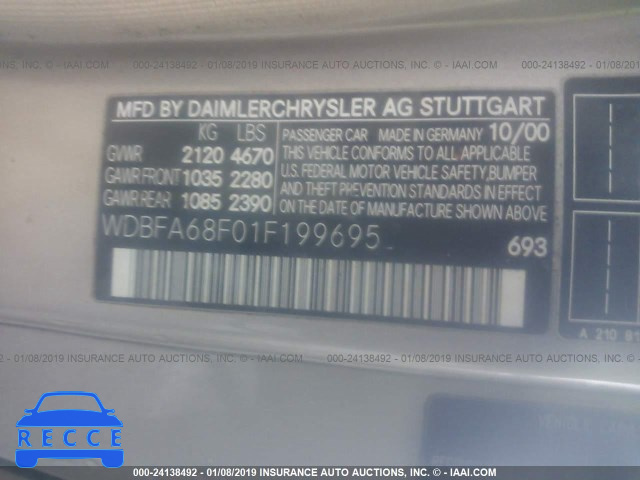 2001 MERCEDES-BENZ SL 500 WDBFA68F01F199695 image 8