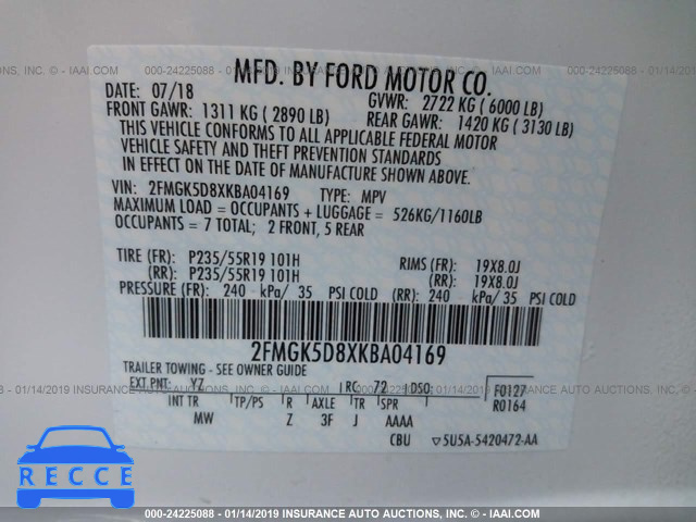 2019 FORD FLEX LIMITED 2FMGK5D8XKBA04169 image 8