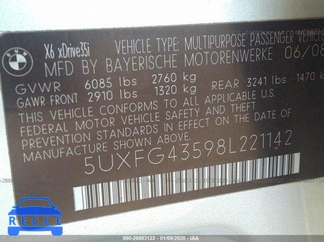 2008 BMW X6 XDRIVE35I 5UXFG43598L221142 image 8