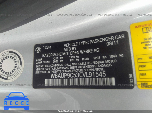 2012 BMW 1 SERIES 128I WBAUP9C53CVL91545 image 8