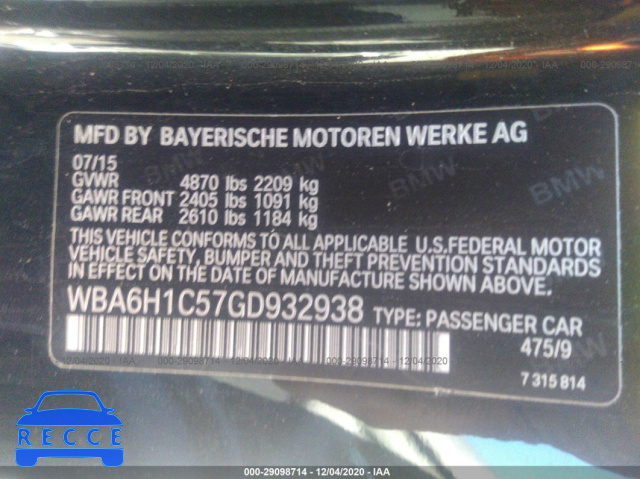 2016 BMW 6 SERIES 640I WBA6H1C57GD932938 зображення 8