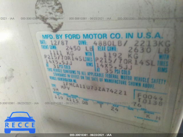 1988 FORD AEROSTAR  1FMCA11U7JZA74221 Bild 8