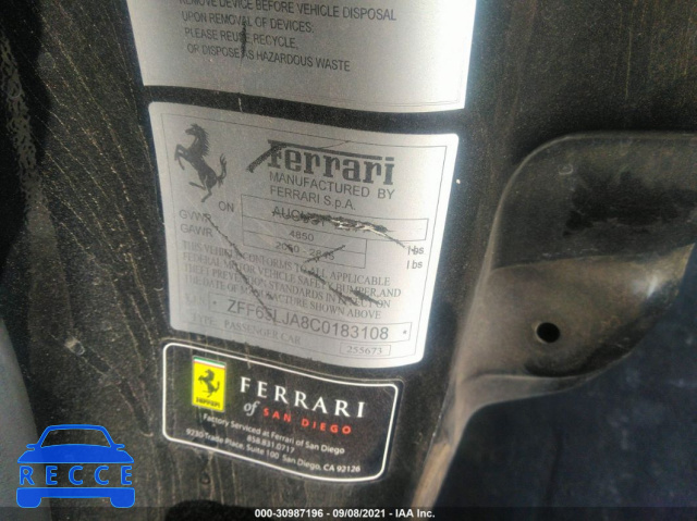 2012 FERRARI CALIFORNIA  ZFF65LJA8C0183108 зображення 8