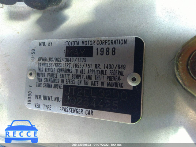 1988 TOYOTA TERCEL DELUXE JT2EL32D0J0264425 image 8