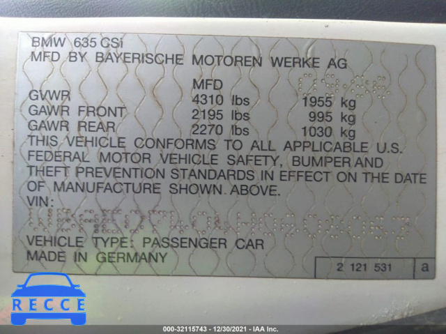 1987 BMW 635 CSI WBAEC7404H0608063 зображення 8