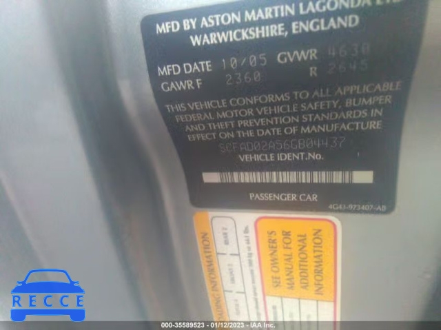 2006 ASTON MARTIN DB9 SCFAD02A56GB04437 зображення 8
