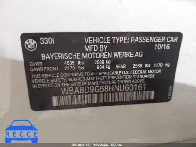 2017 BMW 330I XDRIVE WBA8D9G58HNU60161 image 8