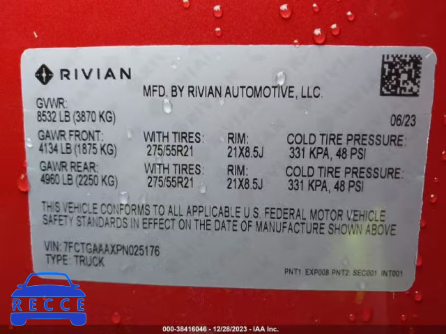 2023 RIVIAN R1T ADVENTURE 7FCTGAAAXPN025176 зображення 8