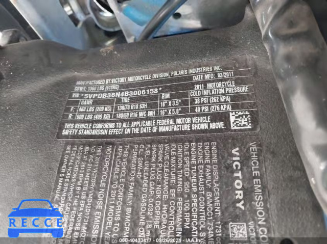 2011 VICTORY MOTORCYCLES CROSS COUNTRY STANDARD 5VPDB36N4B3006158 image 9