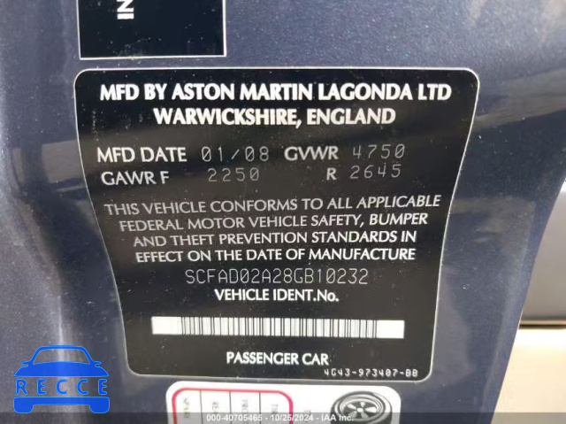 2008 ASTON MARTIN DB9 VOLANTE SCFAD02A28GB10232 image 8