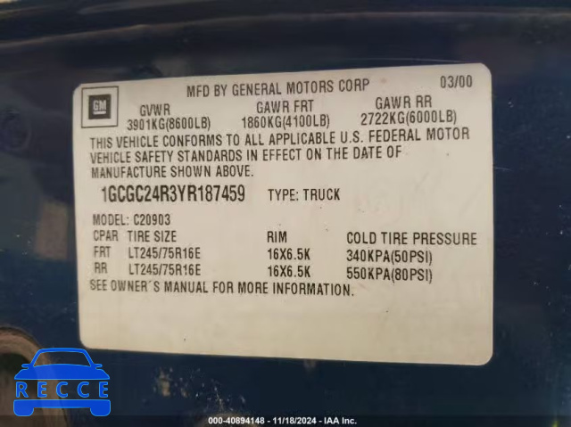 2000 CHEVROLET C2500 1GCGC24R3YR187459 image 8