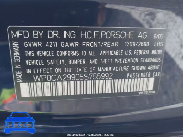 2005 PORSCHE 911 CARRERA WP0CA29905S755992 зображення 8