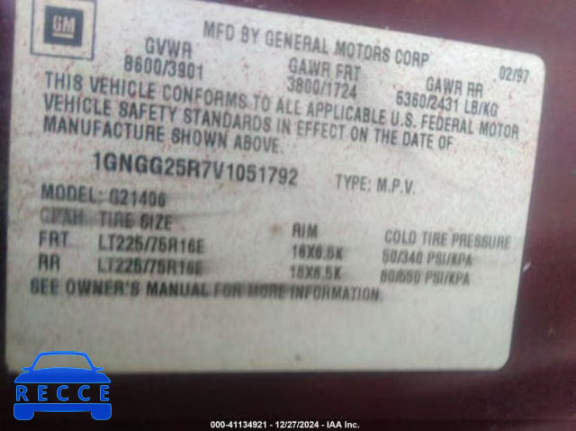 1997 CHEVROLET EXPRESS 1GNGG25R7V1051792 image 8