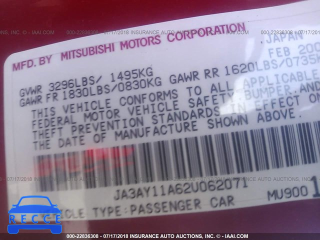 2002 MITSUBISHI MIRAGE DE JA3AY11A62U062071 зображення 8