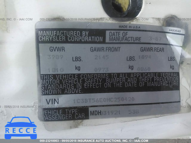 1987 CHRYSLER NEW YORKER 1C3BT56E0HC250420 image 8