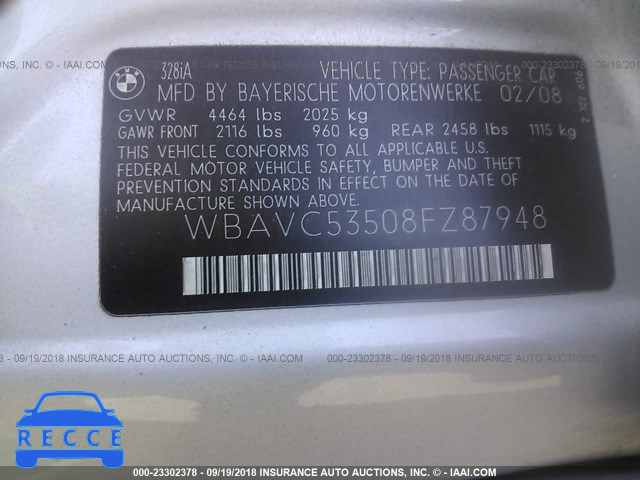 2008 BMW 328 I SULEV WBAVC53508FZ87948 image 8