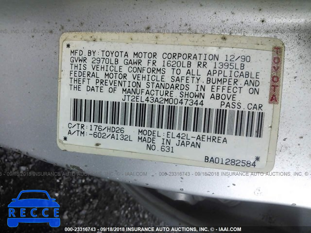1991 TOYOTA TERCEL DELUXE JT2EL43A2M0047344 image 8