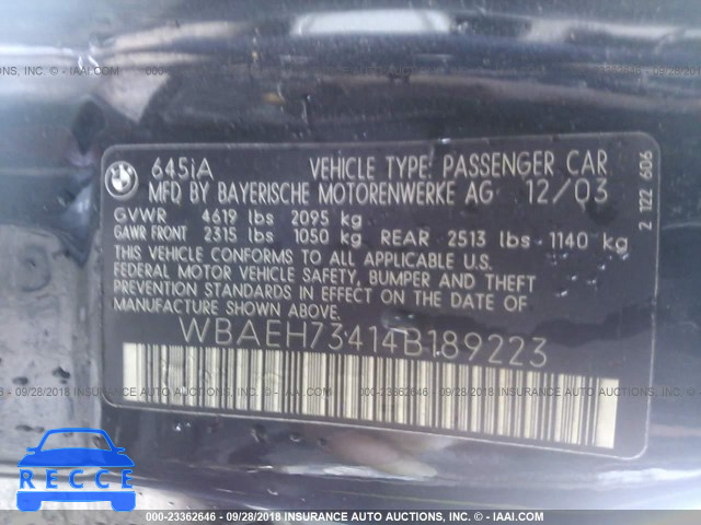 2004 BMW 645 CI AUTOMATICATIC WBAEH73414B189223 зображення 8