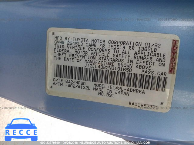 1992 TOYOTA TERCEL DELUXE JT2EL43B2N0191650 image 8