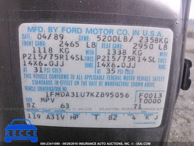 1989 FORD AEROSTAR 1FMDA31U7KZB95056 image 8