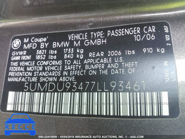 2007 BMW M COUPE 5UMDU93477LL93461 зображення 8