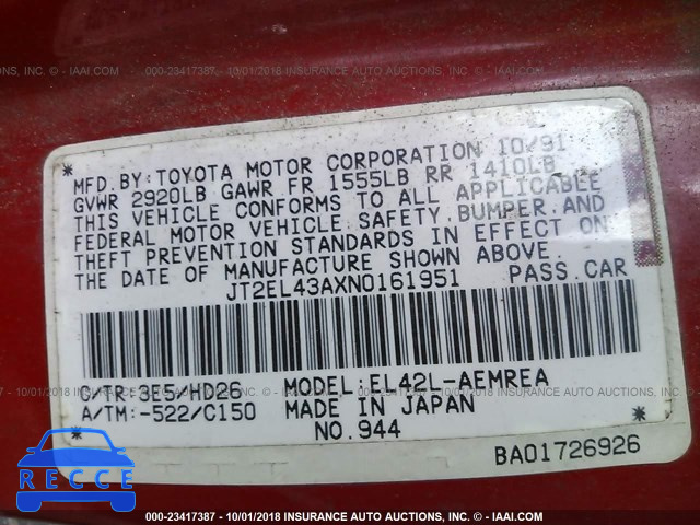 1992 TOYOTA TERCEL DELUXE JT2EL43AXN0161951 image 8