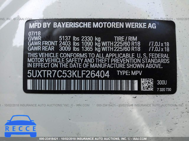2019 BMW X3 SDRIVE30I 5UXTR7C53KLF26404 зображення 8