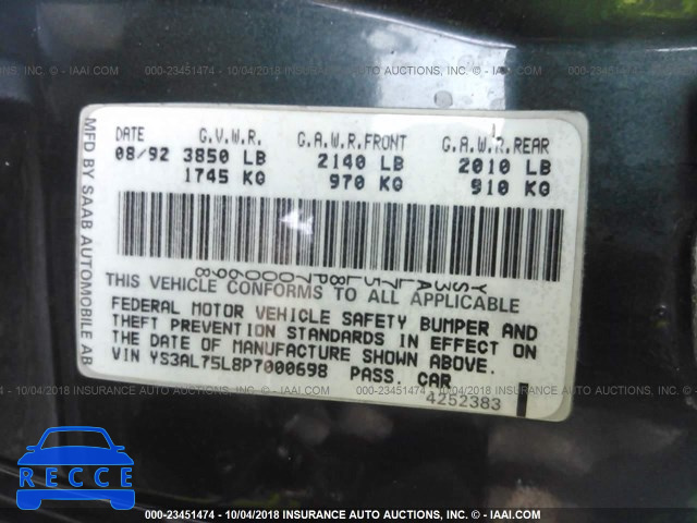 1993 SAAB 900 YS3AL75L8P7000698 image 8