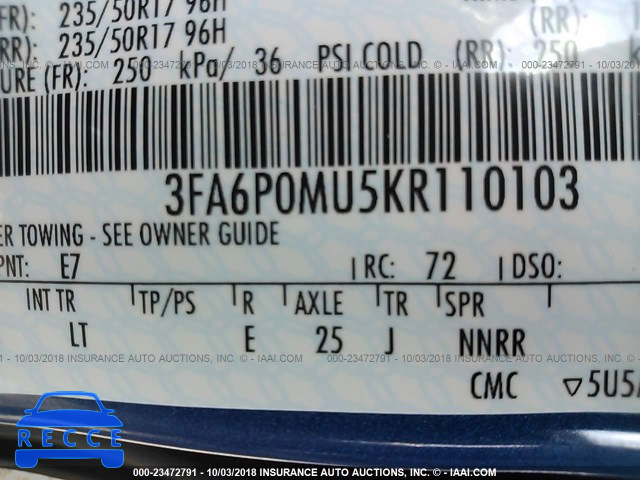2019 FORD FUSION 3FA6P0MU5KR110103 Bild 8