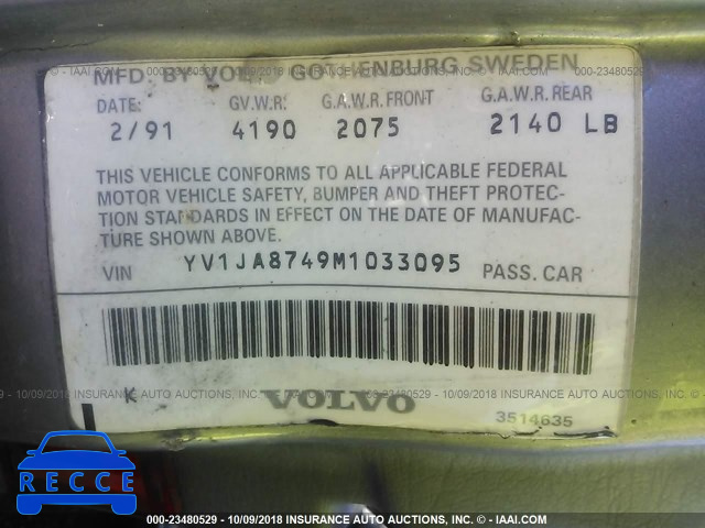 1991 VOLVO 940 YV1JA8749M1033095 зображення 8