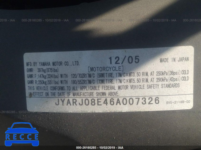 2006 YAMAHA FZ6 S JYARJ08E46A007326 зображення 9