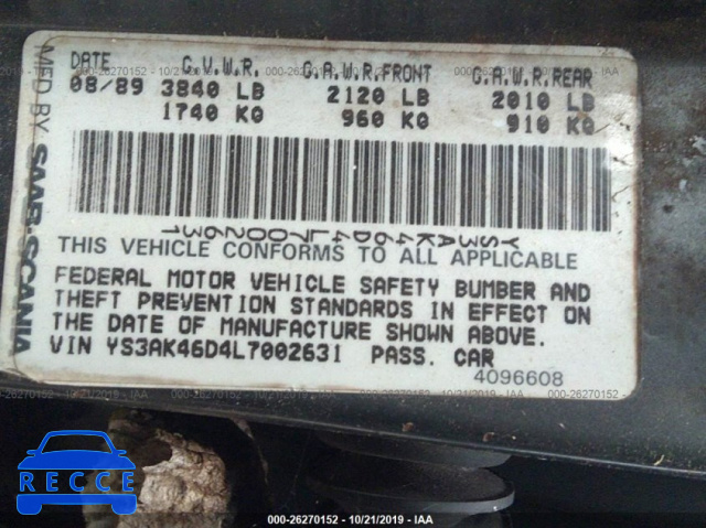 1990 SAAB 900 S YS3AK46D4L7002631 Bild 8