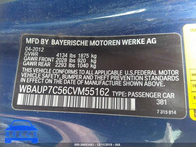 2012 BMW 1 SERIES 128I WBAUP7C56CVM55162 Bild 8