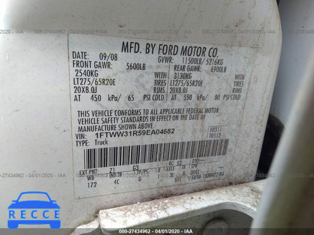 2009 FORD SUPER DUTY F-350 SRW XL/XLT/FX4/CABELAS 1FTWW31R59EA04682 зображення 8