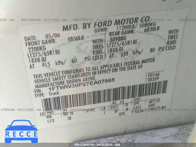 2007 FORD SUPER DUTY F-350 SRW XL/XLT/LARIAT/KING RANCH 1FTWW30P27EA07665 image 8
