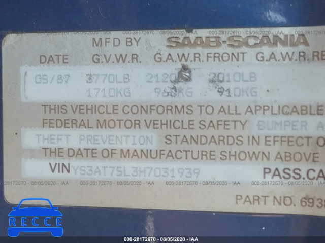 1987 SAAB 900 YS3AT75L3H7031939 image 8