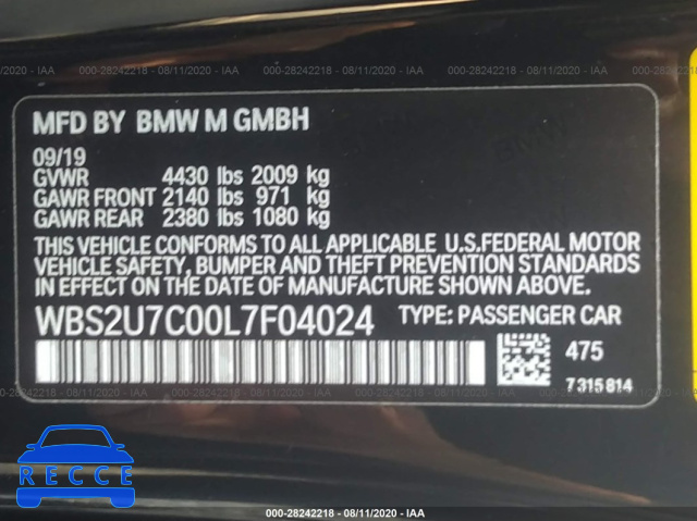 2020 BMW M2 COMPETITION WBS2U7C00L7F04024 зображення 8