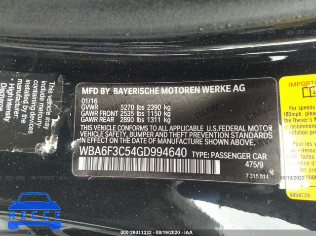 2016 BMW 6 SERIES WBA6F3C54GD994640 зображення 8