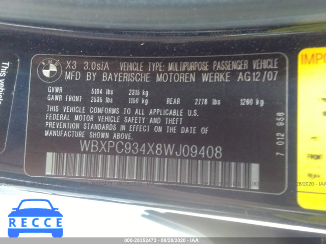 2008 BMW X3 3.0SI WBXPC934X8WJ09408 зображення 8