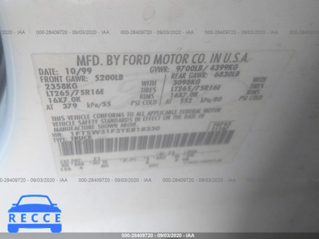 2000 FORD SUPER DUTY F-350 SRW XL/XLT/LARIAT 1FTSW31F3YEB18330 image 8