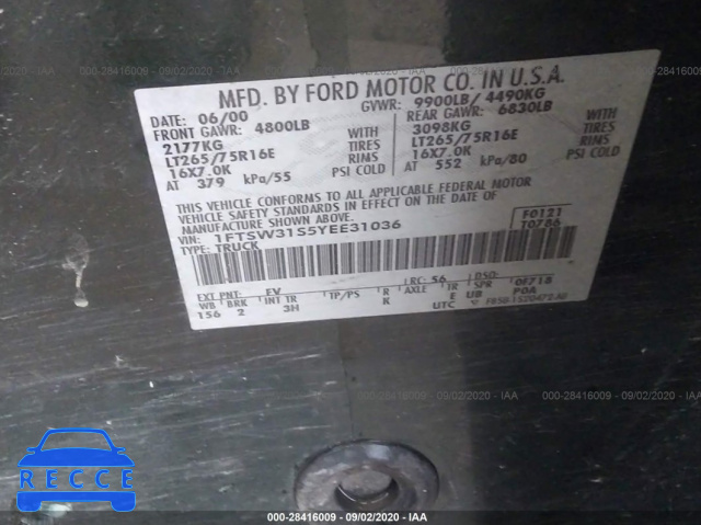 2000 FORD SUPER DUTY F-350 SRW XL/XLT/LARIAT 1FTSW31S5YEE31036 image 8