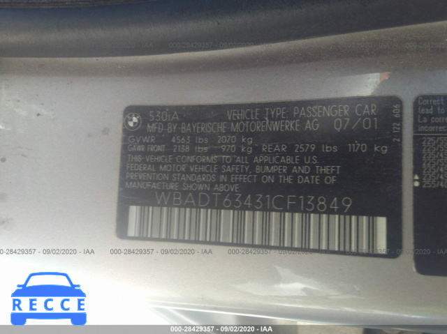2001 BMW 5 SERIES 530IA WBADT63431CF13849 image 8