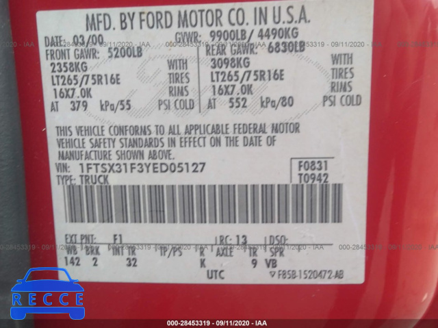 2000 FORD SUPER DUTY F-350 SRW XL/XLT/LARIAT 1FTSX31F3YED05127 image 8