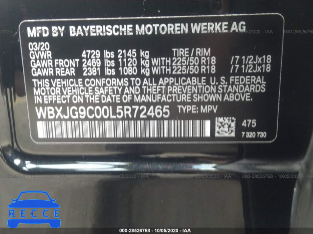 2020 BMW X1 XDRIVE28I WBXJG9C00L5R72465 image 8