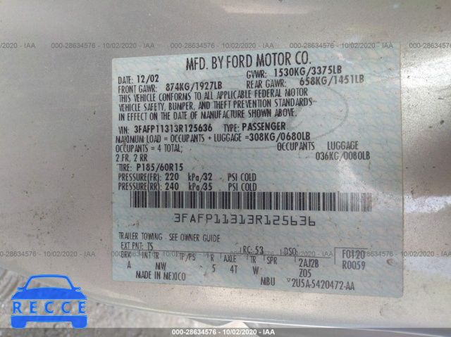 2003 FORD ZX2 ZX2 STANDARD 3FAFP11313R125636 image 8